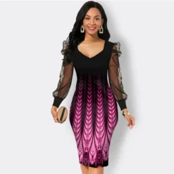 Women Autumn Printed Mesh Patchwork Long Sleeve Dress -Deals Toggenix Store b8b212d790e55fa5