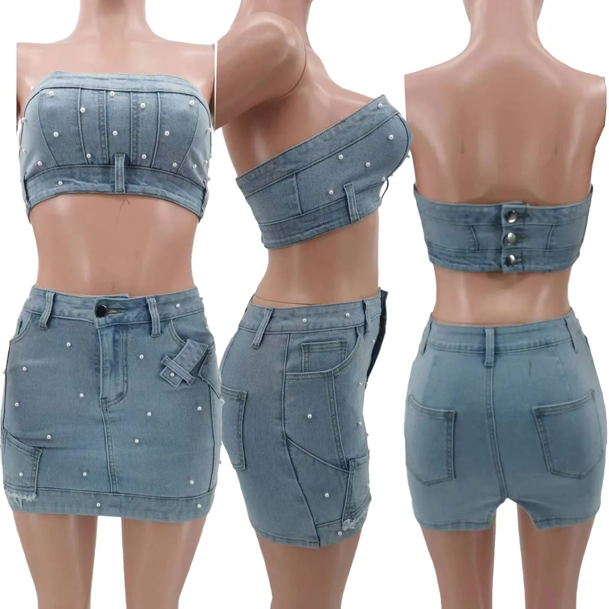 Fashionable Women's Clothing Beaded Strapless Stretch Denim Two Piece Skirt Set 6 Fashionable Women's Clothing Beaded Strapless Stretch Denim Two Piece Skirt Set - Image 6
