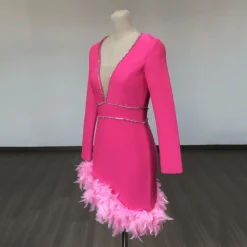 Women French V Neck Patchwork Diamond Long Sleeve Feather Bandage Dress -Deals Toggenix Store b8f77e8860663e8b