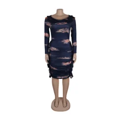 Printed Long Sleeve Pleated Bodycon Dress -Deals Toggenix Store b92aa5cbdb61b5fc