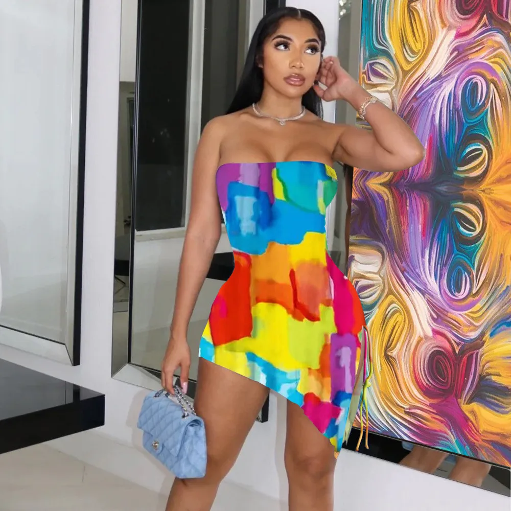 Strapless Print Dress Pleated Slit Tie Irregular Dress 7 Strapless Print Dress Pleated Slit Tie Irregular Dress - Image 7