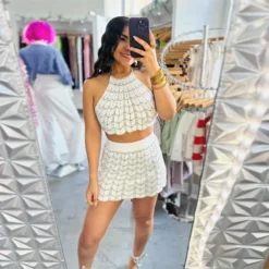 Summer Street Sexy Hollow Sleeveless Low Back High Waist Slim Crochet Two Piece Skirt Set -Deals Toggenix Store bb668dd6f69921e5