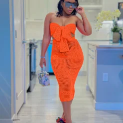 Women's Sexy Knitting Strapless Two Piece Skirt Set