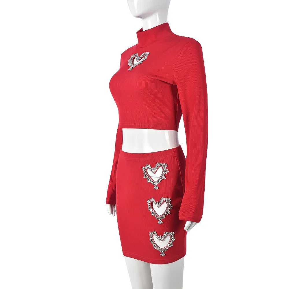 Rhinestone Heart Hollow Crop T-Shirt Short Skirt Fashion Casual Two Piece Set For Women 6 Rhinestone Heart Hollow Crop T-Shirt Short Skirt Fashion Casual Two Piece Set For Women - Image 6