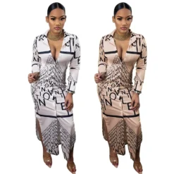 Women Letter Irregular Print Turndown Collar Long Sleeve Maxi Dress -Deals Toggenix Store bc78e86ca8c447b6