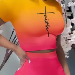 Women's Printed Round Neck Short Sleeve T-Shirt Slim Fit Skirt Sexy Two Piece Set