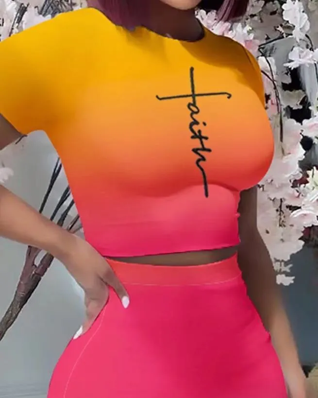 Women's Printed Round Neck Short Sleeve T-Shirt Slim Fit Skirt Sexy Two Piece Set 1 Women's Printed Round Neck Short Sleeve T-Shirt Slim Fit Skirt Sexy Two Piece Set