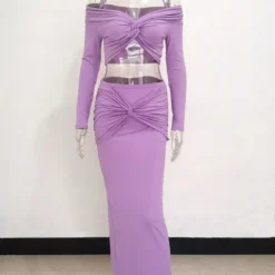 Fall Women Off Shoulder Halter Neck Long Sleeve Knot Crop Top+ Maxi Dress Two Piece -Deals Toggenix Store bcf9acb8e5388f91