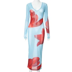 Women's Summer Sexy See-Through Mesh Deep V Long Sleeve Printed Slim Long Dress -Deals Toggenix Store bd90f97580b058df