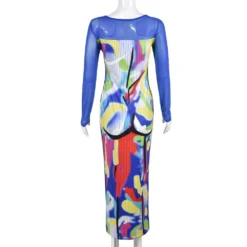 Women's Mesh Long Sleeve Square Neck Printed Dress -Deals Toggenix Store be62f043f59a158d