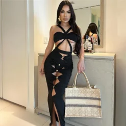 Spring Solid Color Sexy Hollow Hollow Strapless Low Back High Waist Slim Slit Long Dress -Deals Toggenix Store bee5cc49695fd040