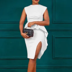 Women Summer Solid Pleated Ruffle Slit Bodycon Dress -Deals Toggenix Store bf3543a1d7a0e734
