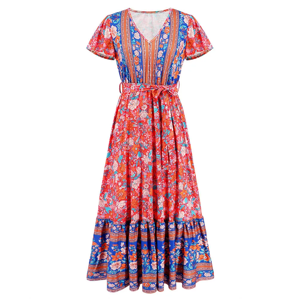 Women's Summer V-Neck Ruffle Sleeve Floral Print Long Dress 14 Women's Summer V-Neck Ruffle Sleeve Floral Print Long Dress - Image 14