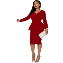 Women's Fall/Winter Long Sleeve Work V Neck Back Zipper Bodycon Dress
