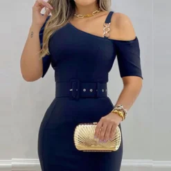 Women Clothes Slash Shoulder Metal Chain Strap Slit Office Dress With Belt -Deals Toggenix Store bffa4852f566879c