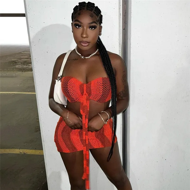 Summer Women's Sexy Hollow Contrast Color Strapless Tank Top High Waist Bodycon See-Through Skirt Set 16 Summer Women's Sexy Hollow Contrast Color Strapless Tank Top High Waist Bodycon See-Through Skirt Set - Image 16