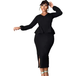 Women Long Sleeve V Neck Slit Dress