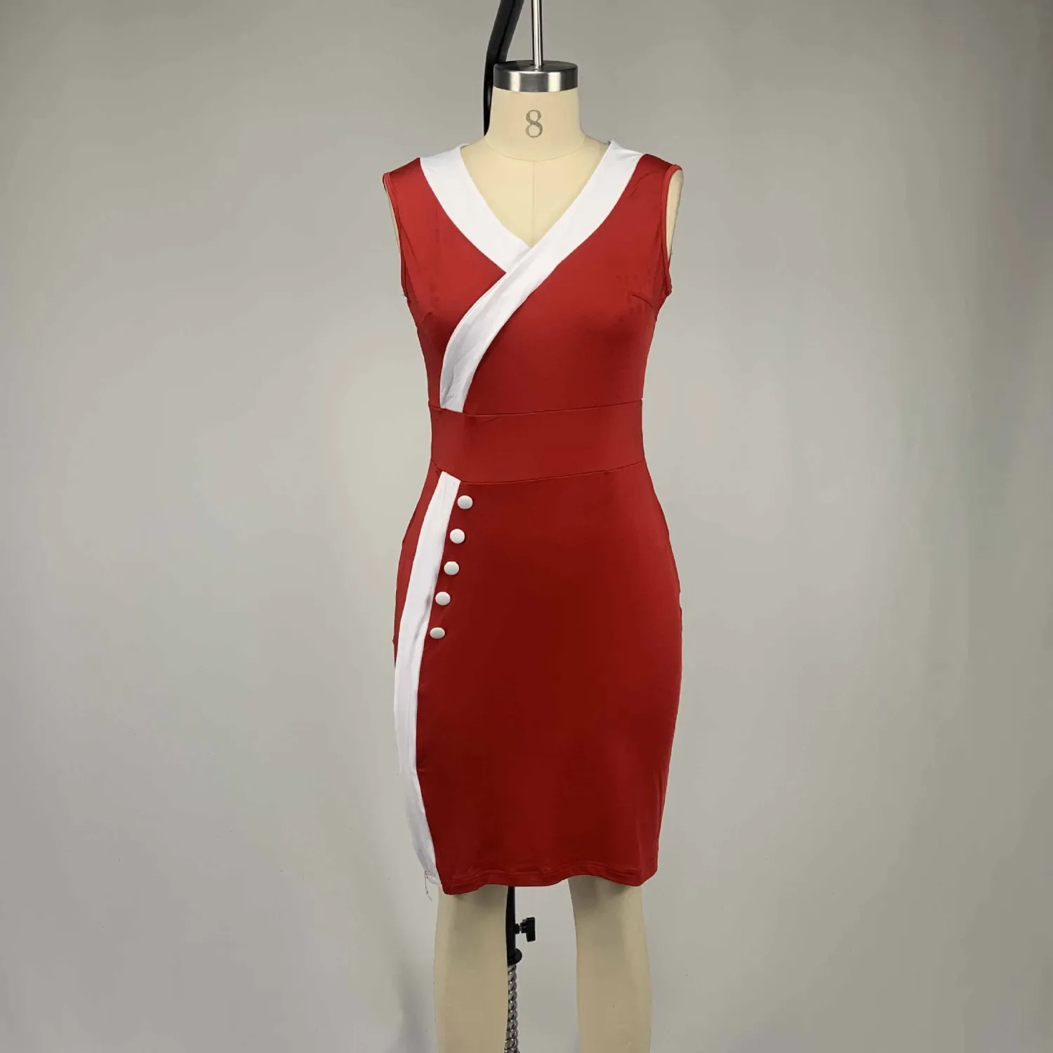 Women Sleeveless V-Neck Button Up Bodycon Dress 2 Women Sleeveless V-Neck Button Up Bodycon Dress - Image 2