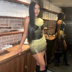 Summer Women's Fashionable Pu Vest High Waist Contrast Color Bodycon Skirt Two Piece Set -Deals Toggenix Store c0c90d5eda98e1d5