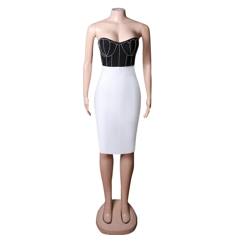 Spring Strapless Tight Fitting Dress Black & White Patchwork Bandage Dress Chic Diamond-Encrusted Dress 5 Spring Strapless Tight Fitting Dress Black & White Patchwork Bandage Dress Chic Diamond-Encrusted Dress - Image 5
