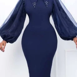 Women'S Spring Autumn Long Sleeve Plus Size Beaded Mesh Patchwork Career Bodycon Pencil Dress -Deals Toggenix Store c18a151a57e0b1e3