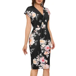 Women V-Neck Short Sleeve Pleated Floral Bodycon Dress -Deals Toggenix Store c1ced2a87137e153