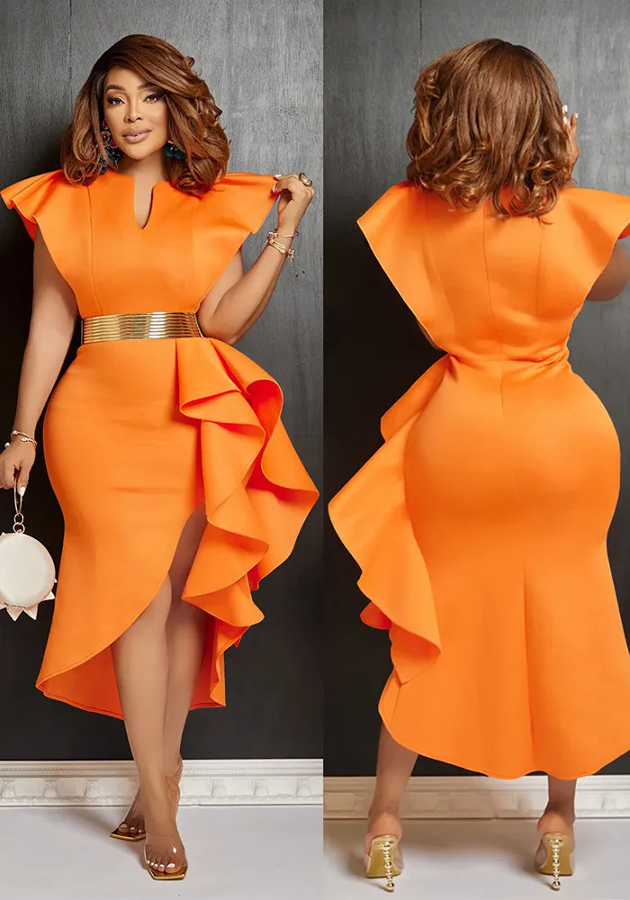 Fashion Women's Solid Color Belted Ruffled Irregular Dress 3 Fashion Women's Solid Color Belted Ruffled Irregular Dress - Image 3