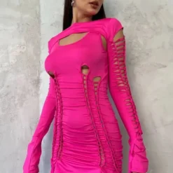 Women's Sexy Hollow Out Long Sleeve Lace-Up Bodycon Dress -Deals Toggenix Store c2b7327daba98346