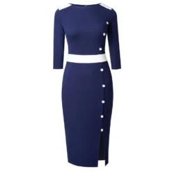 Chic Patchwork Round Neck Midi Colorblock Button Slit Bodycon Career Dress -Deals Toggenix Store c3491ec178849905