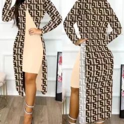 Ladies Fashion Chic Slit Print 2-Piece Dress Set -Deals Toggenix Store c3bca25424bc7546