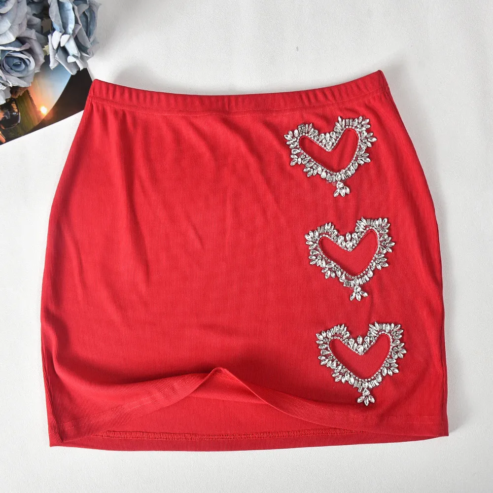 Rhinestone Heart Hollow Crop T-Shirt Short Skirt Fashion Casual Two Piece Set For Women 11 Rhinestone Heart Hollow Crop T-Shirt Short Skirt Fashion Casual Two Piece Set For Women - Image 11