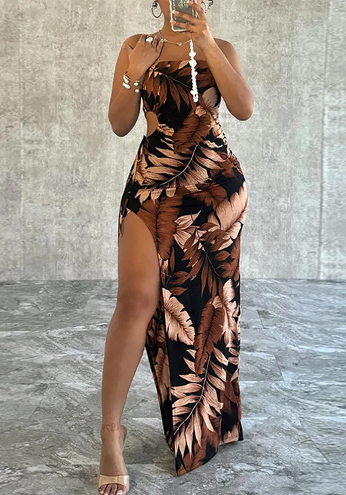 Women's Fashion Print Sexy Strapless Low Back Slit Dress 12 Women's Fashion Print Sexy Strapless Low Back Slit Dress - Image 12