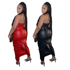 Women's Clothing Pu Leather Strapless Slit Long Dress -Deals Toggenix Store c5366dbd1d701184