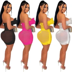 Solid Mesh See-Through Feather Lace-Up Strapless Tank Top Ruffled Midi Skirt Two Piece Set -Deals Toggenix Store c5c701ba364fe304