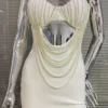 Gorgeous Beaded Sexy Cutout Strap Elegant Chic White Bandage Evening Gown