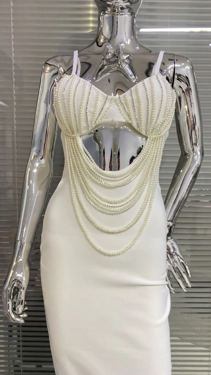 Gorgeous Beaded Sexy Cutout Strap Elegant Chic White Bandage Evening Gown 1 Gorgeous Beaded Sexy Cutout Strap Elegant Chic White Bandage Evening Gown