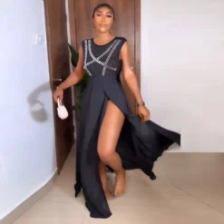 Sexy Beaded See-Through Low Back Mesh Bodysuit Slit Skirt Two-Piece Set