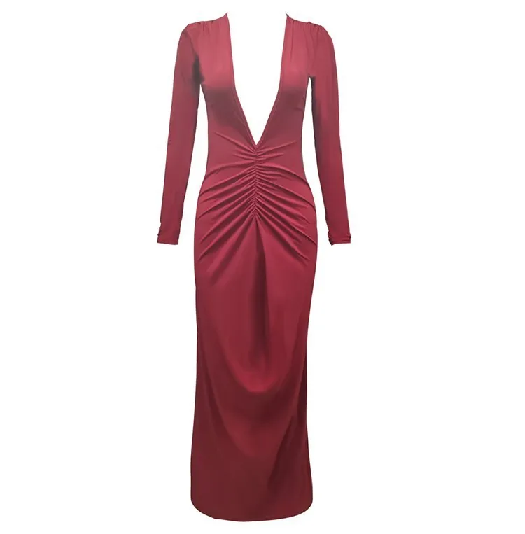 Women's Long-Sleeved Sexy Deep V-Neck Pleated Slim Long Dress 15 Women's Long-Sleeved Sexy Deep V-Neck Pleated Slim Long Dress - Image 15