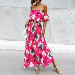 Women Sexy Off Shoulder Pleated Print Summer Print Long Dress -Deals Toggenix Store c71df4e9d899c274