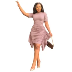Sexy Solid Color Short Sleeve Ruffled Slim Fit Ruched Dress