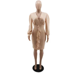 Women Solid Color Sexy V-Neck Ruffle Bodycon Dress -Deals Toggenix Store c8a8f678fab9f0db