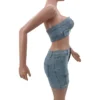 Fashionable Women's Clothing Beaded Strapless Stretch Denim Two Piece Skirt Set