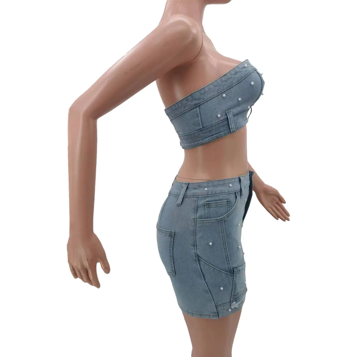 Fashionable Women's Clothing Beaded Strapless Stretch Denim Two Piece Skirt Set 1 Fashionable Women's Clothing Beaded Strapless Stretch Denim Two Piece Skirt Set