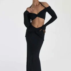 Fall Women Off Shoulder Halter Neck Long Sleeve Knot Crop Top+ Maxi Dress Two Piece -Deals Toggenix Store c9e5b006dbe11e71