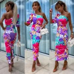 Women Summer Slash Shoulder Stretch Slit Printed Bodycon Dress -Deals Toggenix Store ca107cddeb6e6454