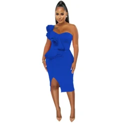 Fashion Casual Ruffle Slit One Shoulder Sleeve Dress Women