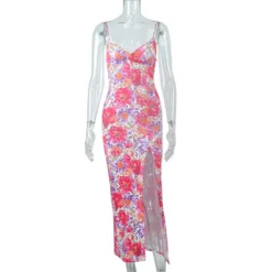 Women's Summer Digital Printing V-neck Sling Medium Long Split Strap Dress -Deals Toggenix Store cb5c1310980e340f