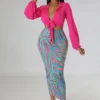 Women'S Fashion Solid Long Sleeve Tied Shirt Multi-Color Print Bodycon Skirt Two-Piece Set