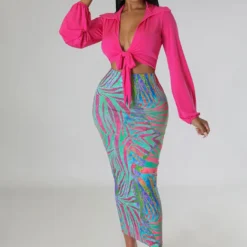 Women'S Fashion Solid Long Sleeve Tied Shirt Multi-Color Print Bodycon Skirt Two-Piece Set