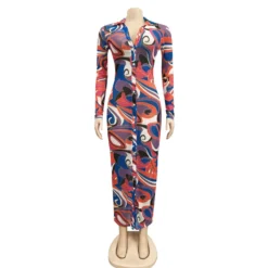 Fashion Sexy Mesh See-Through Print V-Neck Long Sleeve Dress Women